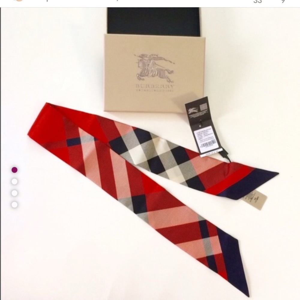 RARE Burberry Red and Blue Silk Skinny Scarf Scarlet